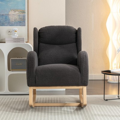 38"Teddy Fabric Rocking Chair With Packet Wood Legs,khaki