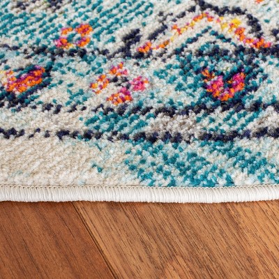 Hand-Knotted Cream and Blue Round Synthetic Rug