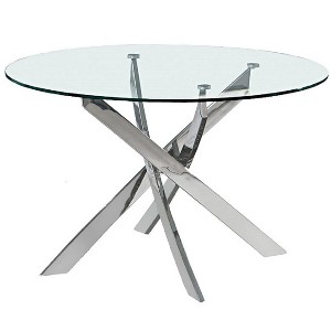 HomeRoots 48" Clear and Silver Glass and Metal Cross Leg Base Round Top Dining Table - 1 of 4