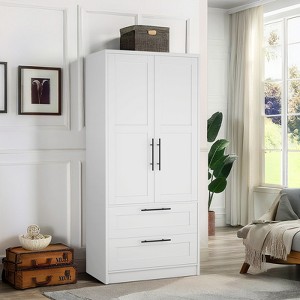Wooden Armoire Wardrobe Closet with 2 Drawers, 70 "Tall Clothing Storage Cabinet with 2 Doors, Modern Bedroom Clothing Armoires with Hanging Rods - 1 of 4