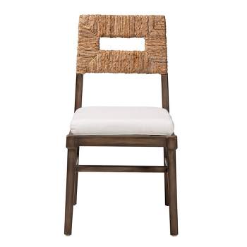 Porsha Mahogany Wood and Natural Rattan Dining Chair White/Natural Brown/Walnut Brown - Baxton Studio: Bohemian Style, Fully Assembled, Fabric Cushion