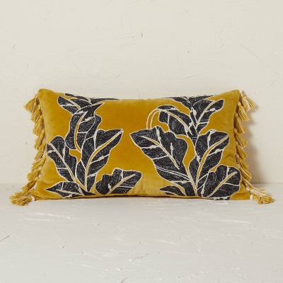 Embroidered Botanical Leaf Velvet Lumbar Throw Pillow Gold - Opalhouse™ designed with Jungalow™