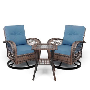 3-Piece Swivel Rocking Patio Chairs Set, Wicker Patio Bistro Set, 2 Glider Chairs & Side Table, Thickened Cushions, for Porch, Backyard, Garden - 1 of 4