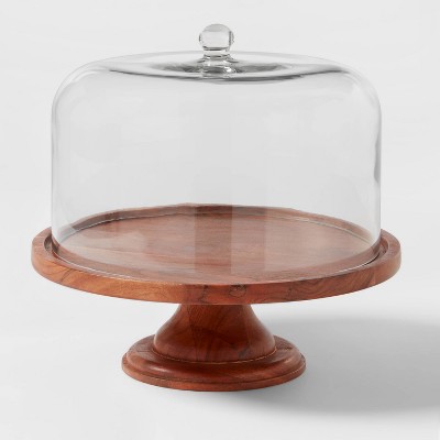 Heavy Clear Ribbed Glass Cake Stand Matching Dome Low Red brown