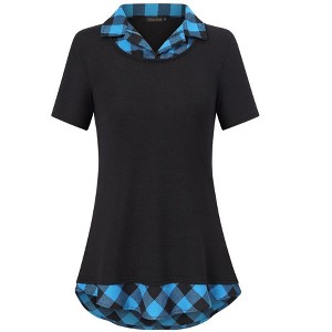 WhizMax Women's Short Sleeve Contrast Collared Shirts Patchwork Work Blouse Tunics Tops - 1 of 4