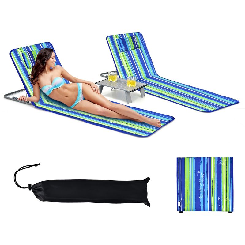 Costway 3-Piece Beach Lounge Chair Mat Set 2 Adjustable Lounge Chairs with Table Blue\Stripe, 3 of 10