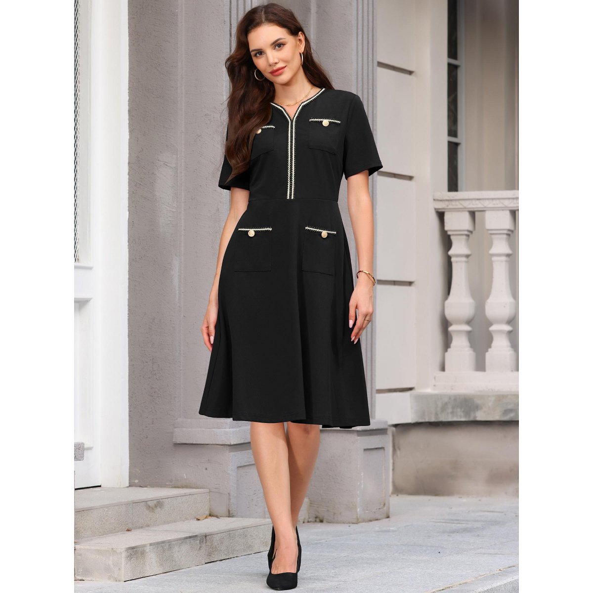 Женские платья INSPIRE CHIC Women's Tweed Trim Pockets V Neck Short Sleeve A-Line Midi Dresses Black Small — фото 2