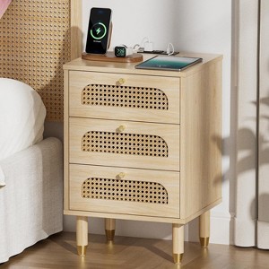 VINGLI Nightstand with Charging Station, Rattan Night Stand 3 Drawer Bed Side Table, Boho End Table - 1 of 4