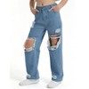 Mocamel Girl's Loose Washed Jeans Mid Waist Elastic Belt Straight Casual Ripped Wide Leg Design - 4 of 4