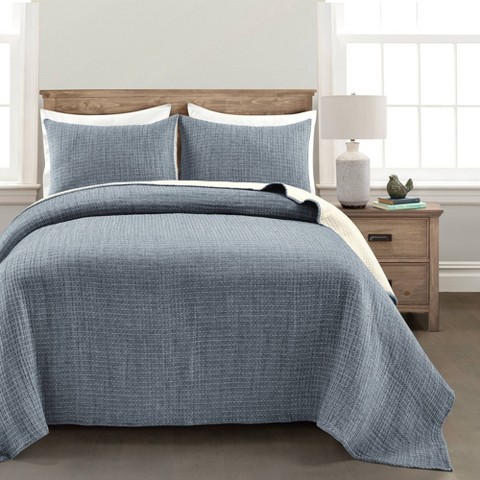 Lush Decor Lush Décor 3pc King Solid Kantha Pick Stitch Yarn Dyed Woven Quilt/Coverlet Set Navy/Off-White: Reversible Bedding Set with Shams