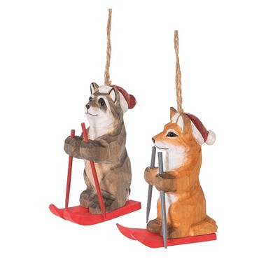 Gallerie II Wood Carved Fox & Raccoon Ski Ornament, A/2