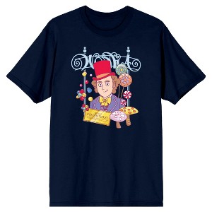 Willy Wonka & The Chocolate Factory Main Character with a Golden Ticket and Candies Navy Blue Men's T-Shirt - 1 of 1