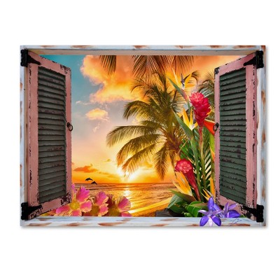 Tropical Sunset Beach View Canvas Print with Flowers