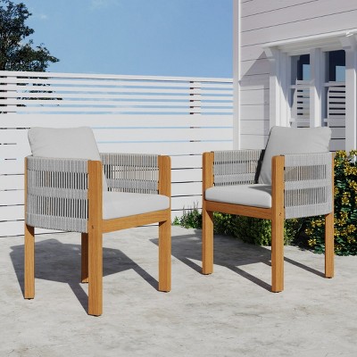Acacia Wood Outdoor Set of 2 Dining Chairs with Stylish Rope Handles,Waterproof Cushions for Relaxing Patio Meals-The Pop Home