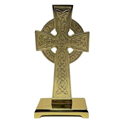 Slickblue Irish Standing Brass Cross, Celtic Knot Centerpiece, Heritage Decor, 7.5"x3.7", Gold, 1 piece