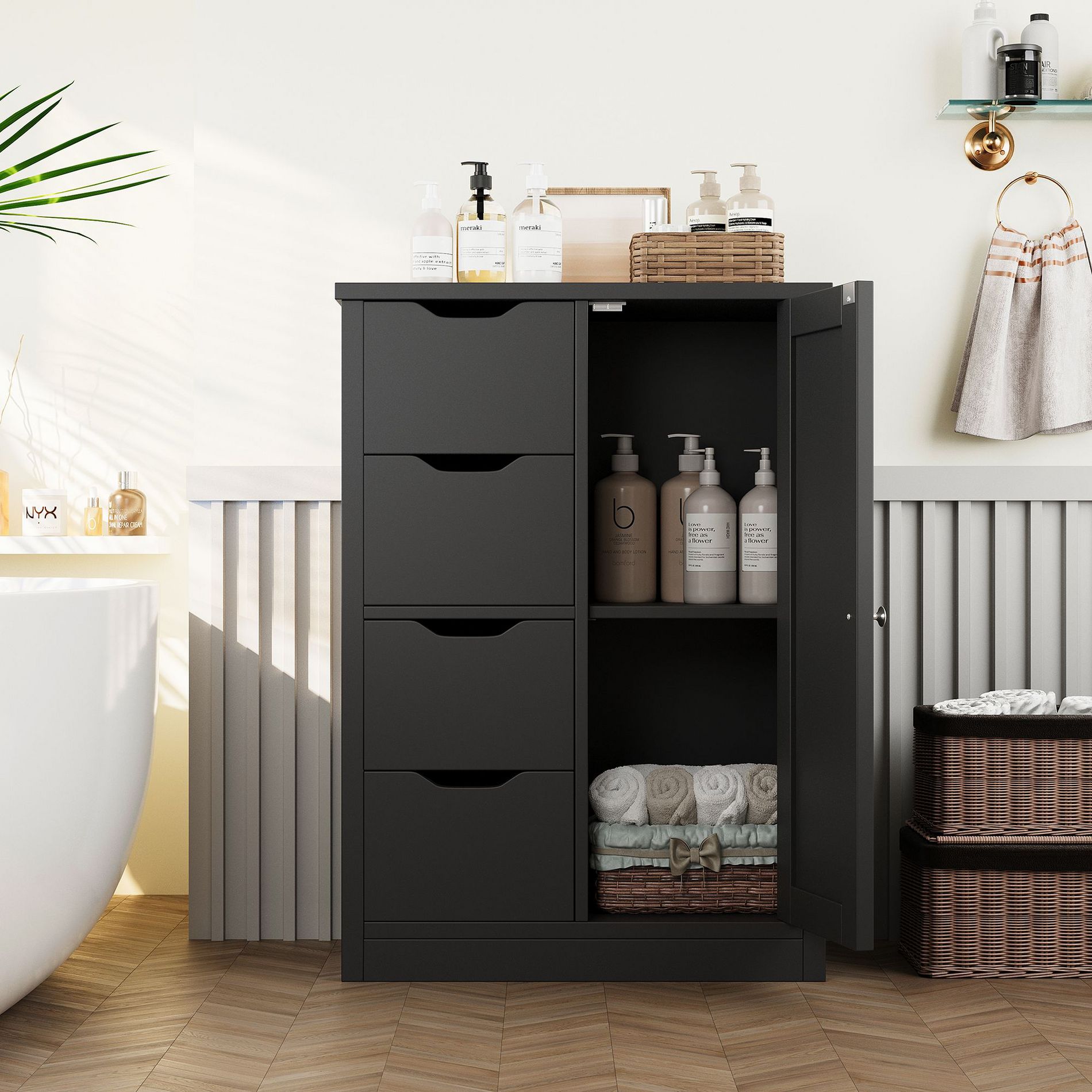 Celebalcony Multipurpose Bathroom Floor Cabinet, Freestanding Storage Organizer with 4 Drawers & Single Door, Adjustable Shelf,  for Home Office