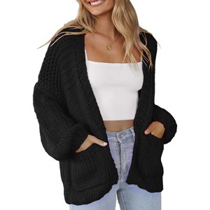 Coolmee Women's Open Front Chunky Knit Cardigan Loose Lantern Long Sleeve Oversized Sweater Coats with Pocket - 1 of 4