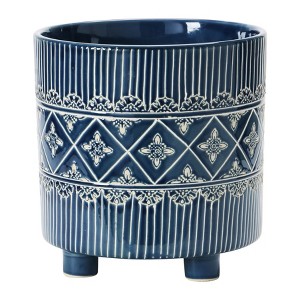 Storied Home Debossed Stoneware Footed Planter with Pattern, Blue and White - 1 of 4