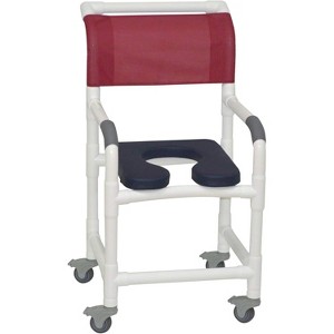 MJM International Corporation Shower chair 18 in internal width 3 in total locking casters BLUE front seat designer mesh backrest sling 300 lbs wt - 1 of 1