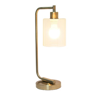 Antique Brass Curved Arm Desk Lamp with Clear Glass Shade