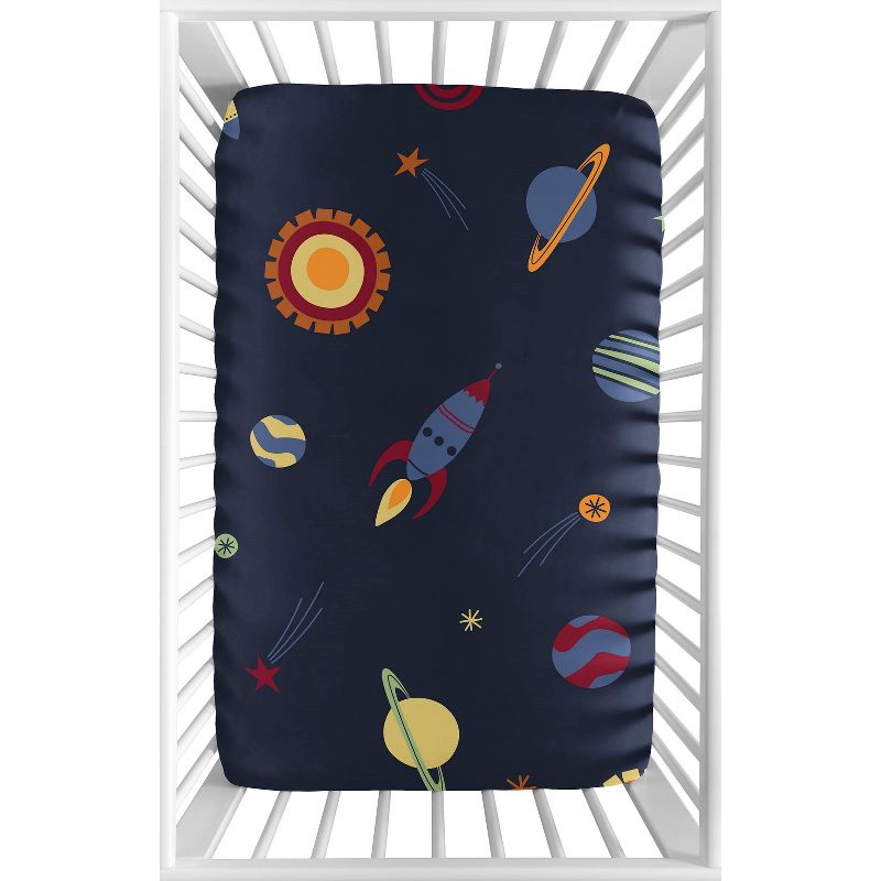 Sweet Jojo Designs Boy Baby Fitted Mini Crib Sheet Space Galaxy Navy Blue Red and Yellow, 1 of 6