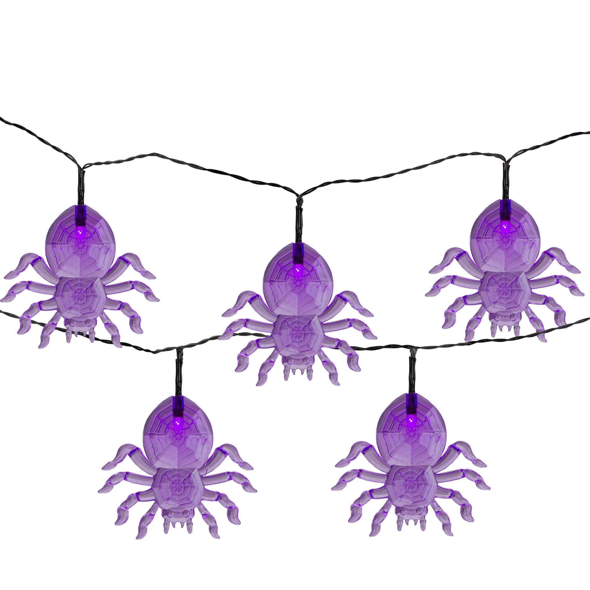 Northlight LED Lighted Spider Halloween Lights - 6' Black Wire - Purple Lights - 10ct