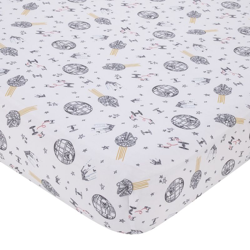 Star Wars May The Force Be With You White and Gold Millennium Falcon and Death Star Nursery Fitted Crib Sheet, 1 of 6