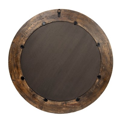 Walnut Round Carved Wood Framed Wall Mirror with Hobnail Detail
