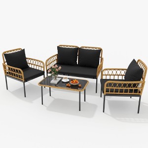 4-Piece Patio Furniture Set, Rattan Outdoor Patio Table and Chair Set with Glass Side Table and Loveseat, Suitable for Apartments, Backyards, Beige - 1 of 4