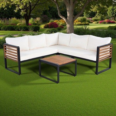 4-Pieces Outdoor Iron L-Shaped Sectional Sofa Set with Coffee Table and Soft Cushion