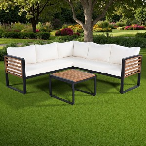 4-Pieces Outdoor Iron L-Shaped Sectional Sofa Set with Coffee Table and Soft Cushion - 1 of 4