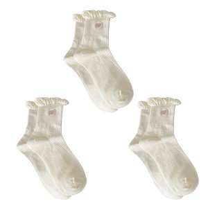 Anna-Kaci Women's 3-Pack Breathable Cotton Blend Socks with Ruffle Trim and Heart Embroidery - 1 of 4