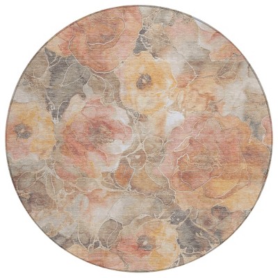 HomeRoots 8' Peach And Gray Round Floral Washable Indoor Outdoor Area Rug