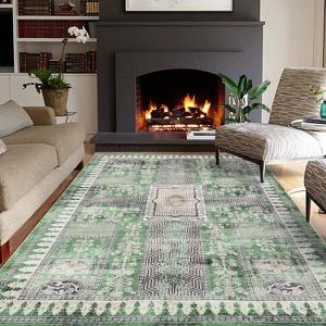 9x12 Vintage Rug – Low-Pile Distressed Floral, Machine Washable, Non-Slip, Stain-Resistant, Foldable Indoor Accent Rug for Nursery or Bedroom, Green - 1 of 4