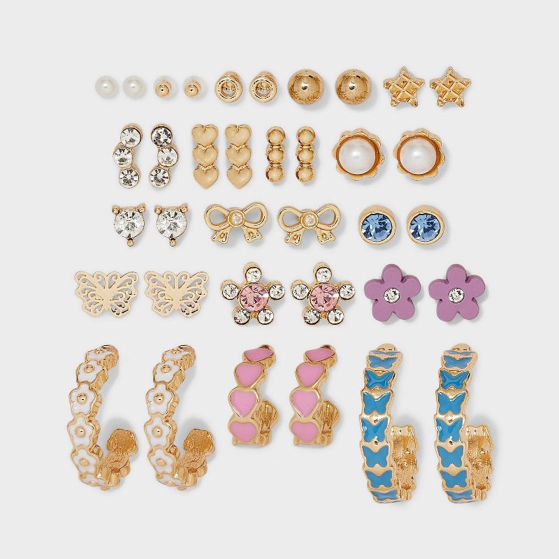 Floral Butterfly and Bow Stud Hoop Earring Set 18pc - Wild Fable&#8482; Gold/Blue/Pink, 1 of 3