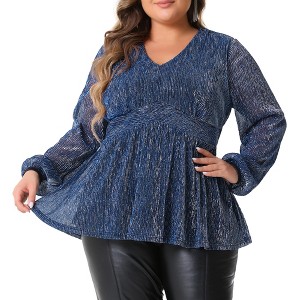 Agnes Orinda Women's Plus Size Glitter Sequin V-Neck Waist Pleat Lantern Sleeve Sparkly Peplum Blouse - 1 of 4