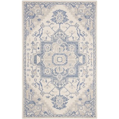 Ivory and Blue Handmade Wool Round Tufted Rug