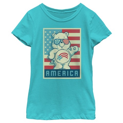 Care Bears Girl's Care Bears Retro America Cares Bear T-Shirt - Tahiti Blue - Medium