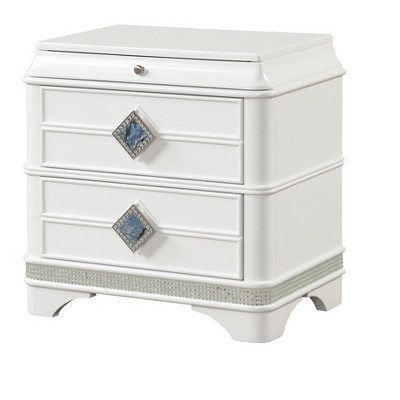 Vynxaria Modern White 2-Drawer Nightstand, Wood Build, Hidden Jewelry Drawer, Crystal Accents, Soft-Closing Drawers, Translucent Blue Marble Handles