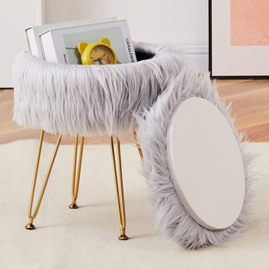 KTMBDW Storage Ottoman Round Furry Vanity Stool Marble Grain Tray Coffee Table Compact Footrest Stool with 4 Metal Legs for Living Room Bedroom - 1 of 4
