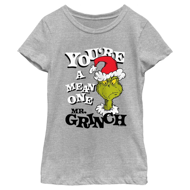 Girl's Dr. Seuss Christmas The Grinch You're a Mean One Portrait T-Shirt, 1 of 6