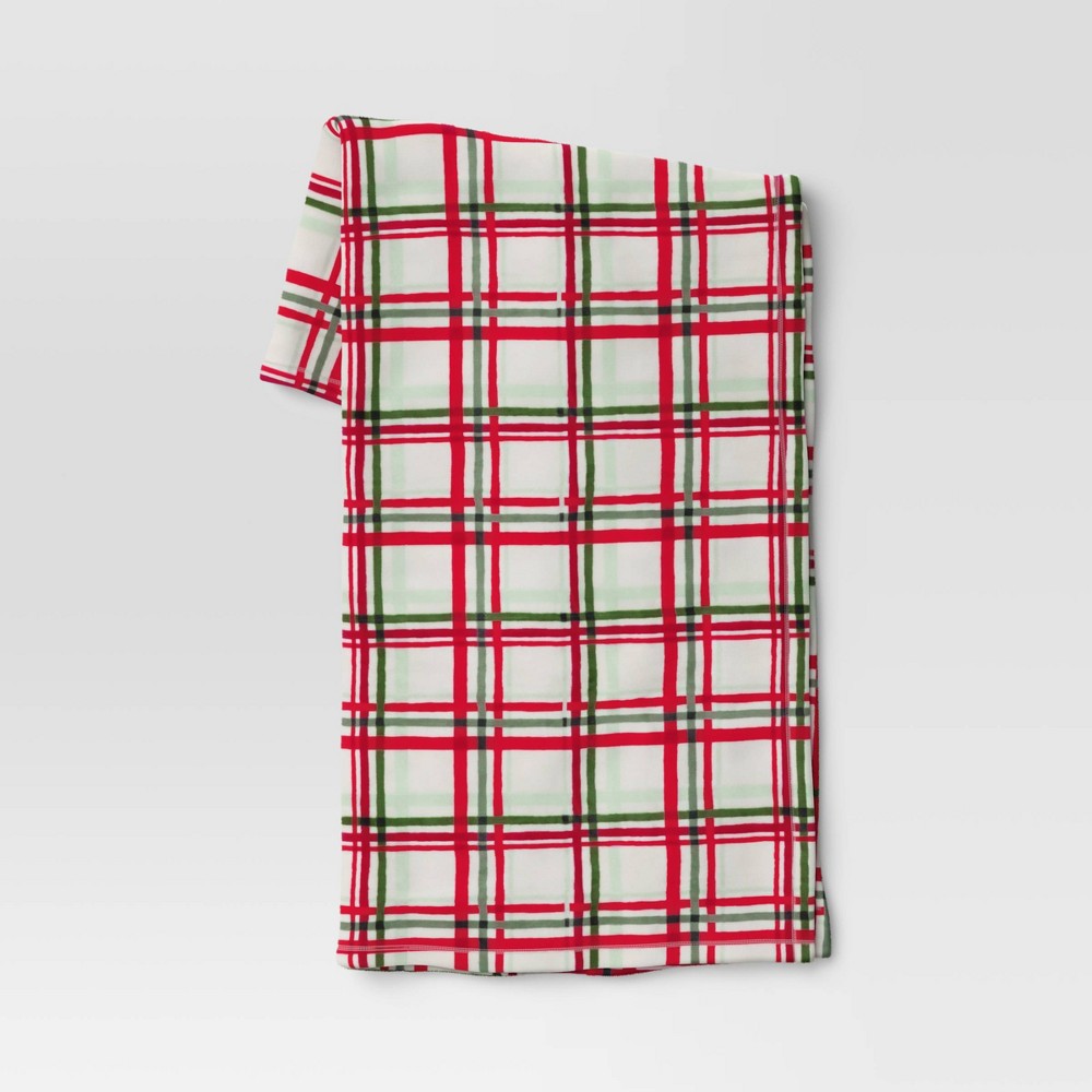 Plaid Printed Plush Christmas Throw Blanket Ivory - Wondershop