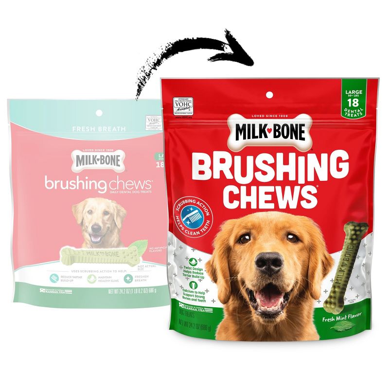 Milk-Bone Brushing Chews Daily Chicken Dental Dog Treats, Fresh Breath, Large with Peppermint Flavor - 24.2oz/18 bones, 3 of 11