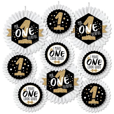 Big Dot of Happiness 1st Birthday Little Mr. Onederful - Hanging Boy First Birthday Party Tissue Decoration Kit - Paper Fans - Set of 9