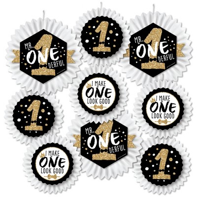 Big Dot of Happiness 1st Birthday Little Mr. Onederful - Hanging Boy First Birthday Party Tissue Decoration Kit - Paper Fans - Set of 9