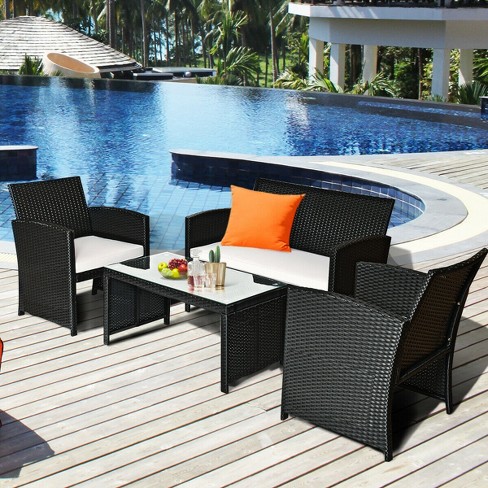 Costway 4PCS Patio Rattan Furniture Conversation Set Cushioned Sofa Coffee Table Garden Black