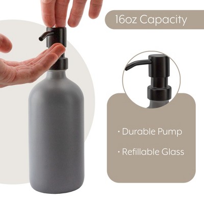 Gray and Black 16oz Glass Soap Dispenser Bottles with Stainless Steel Pump Tops