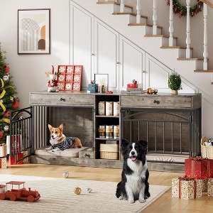 Dog Crate Furniture for 2 Dogs, Dog Kennel Indoor with Storage and Feeding Bowls, Double Dog Crate TV Stand for Small Medium Dogs - 1 of 4