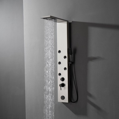 Brushed Nickel 4-Jet Rainfall Shower Panel System with Handheld Wand