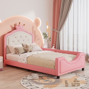 Twin Size PU Leather Upholstered Daybed for Kids, Crown Headboard with Button Tufting, Low to Ground Design, Bed with Wood Frame-Baofuwish - 1 of 4